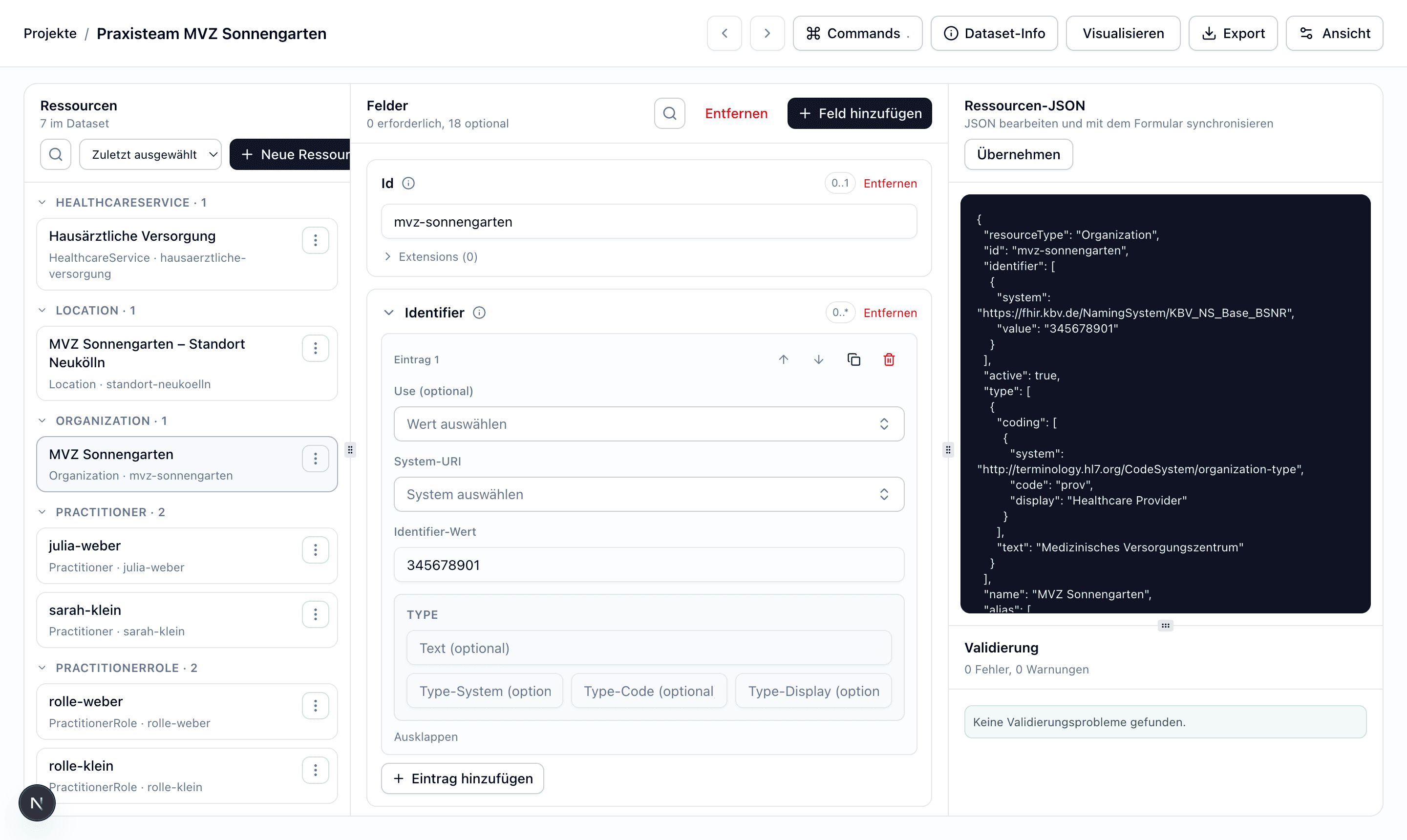 Der Dataset-Editor mit dem Beispiel Praxisteam: Ressourcenliste links, Formular in der Mitte, JSON-Ansicht und Validierung rechts