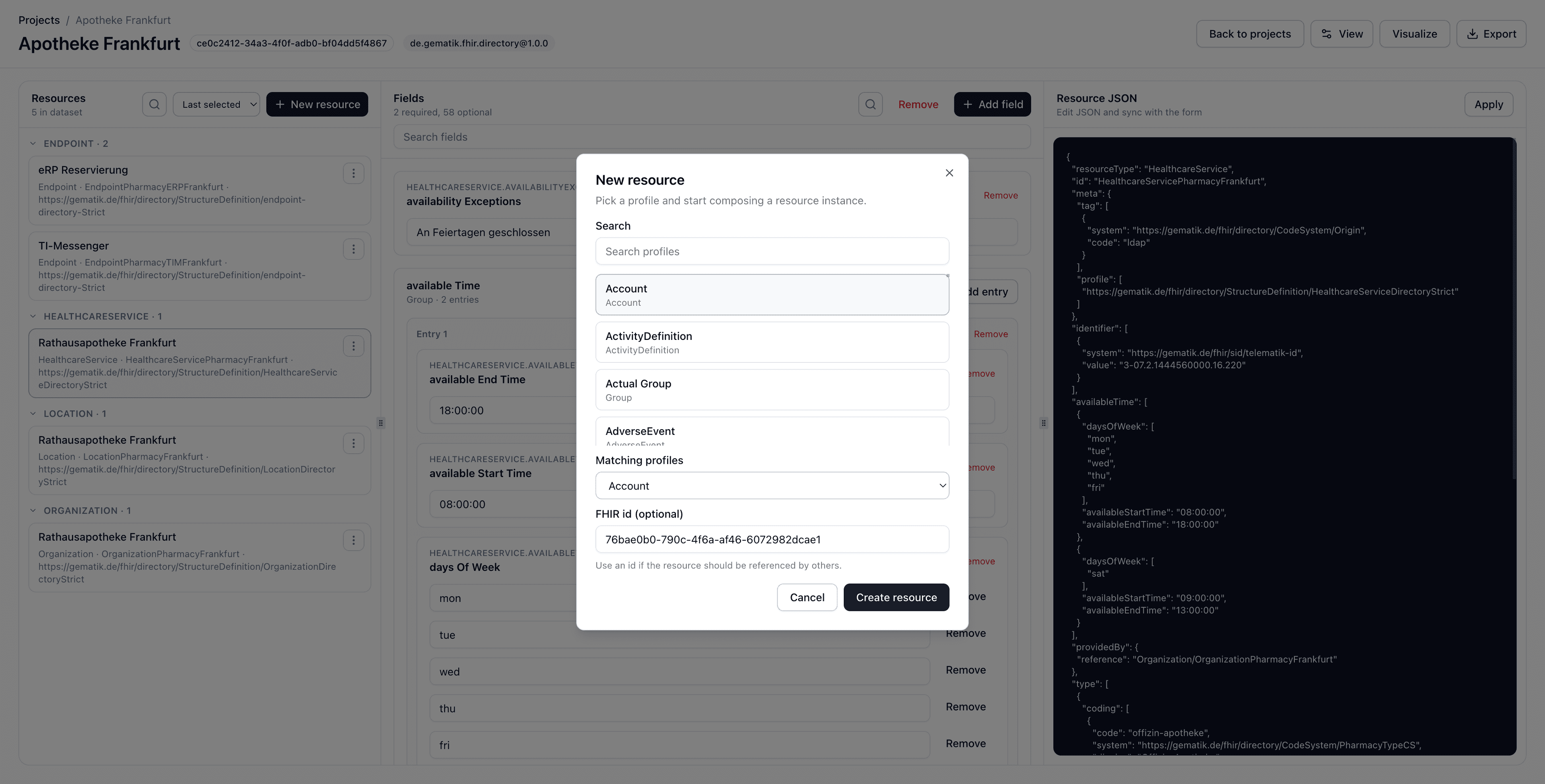 Dialog zum Anlegen einer neuen HL7 FHIR®-Ressource mit Profilsuche.